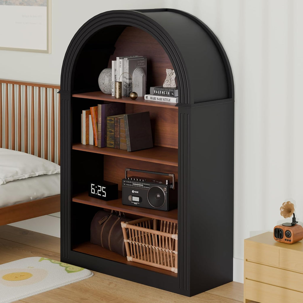Black Arched Bookcase,Short Wide Bookshelf,Short Corner Bookshelf,Arched Display Cabinet with Open Shelf for Bedroom, Living Room