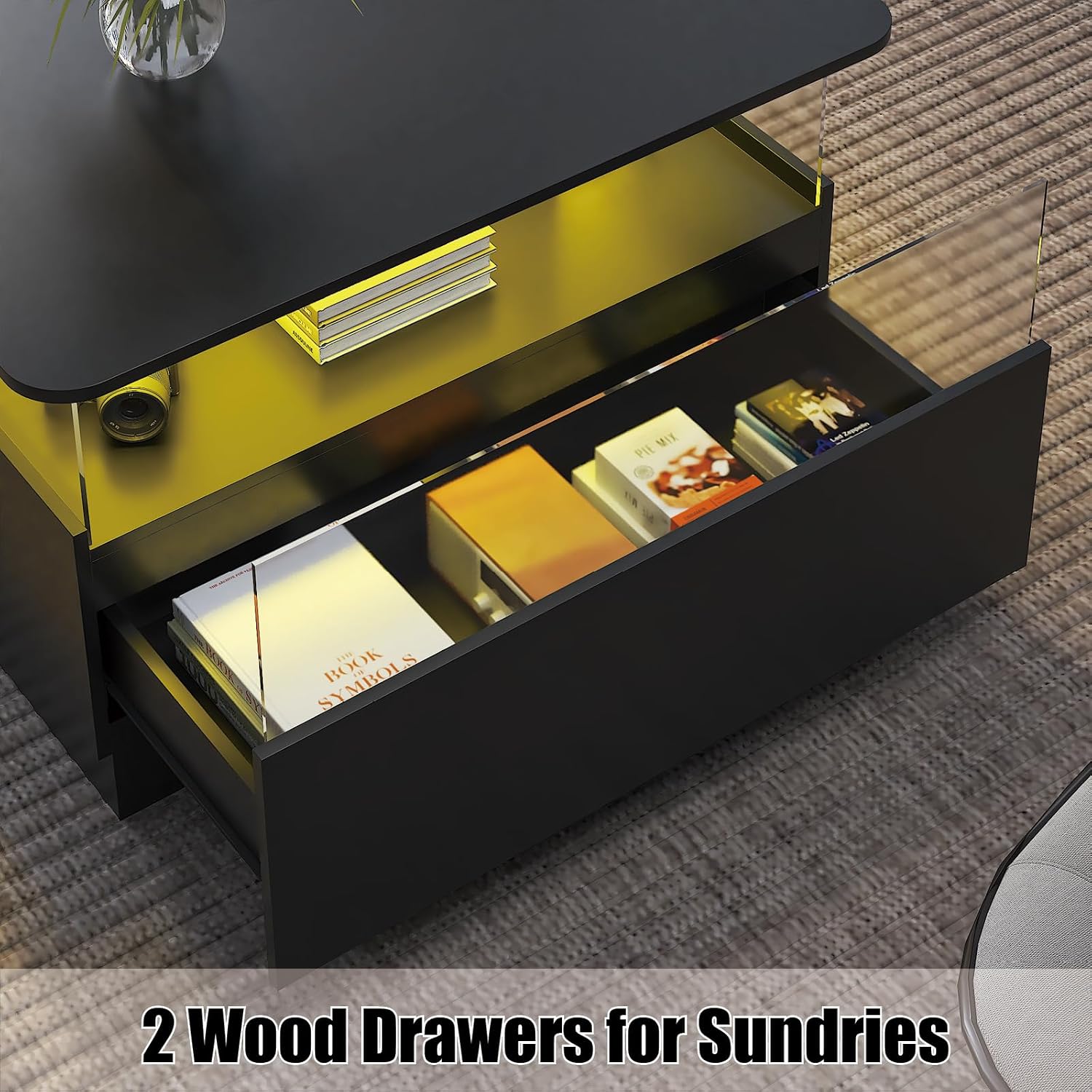 HedoAjim Square Coffee Tables with Storages, Modern Coffee Table for Living Room, Black Round Coffee Tables and 2 Spacious Drawers, Coffee Table with LED Light