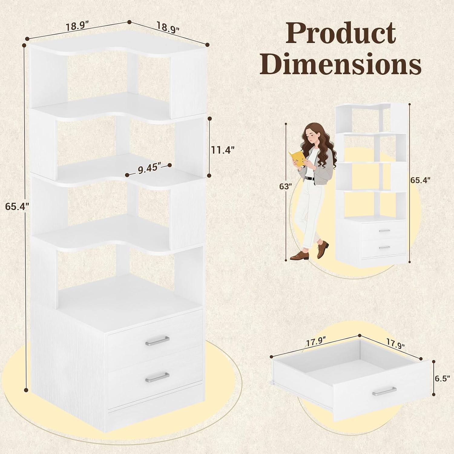 Armocity Corner Bookshelf with Drawers, 7 Tier Corner Book Shelf Display Bookcase, Freestanding L Shaped Bookshelf for Bedroom, Home Office, White