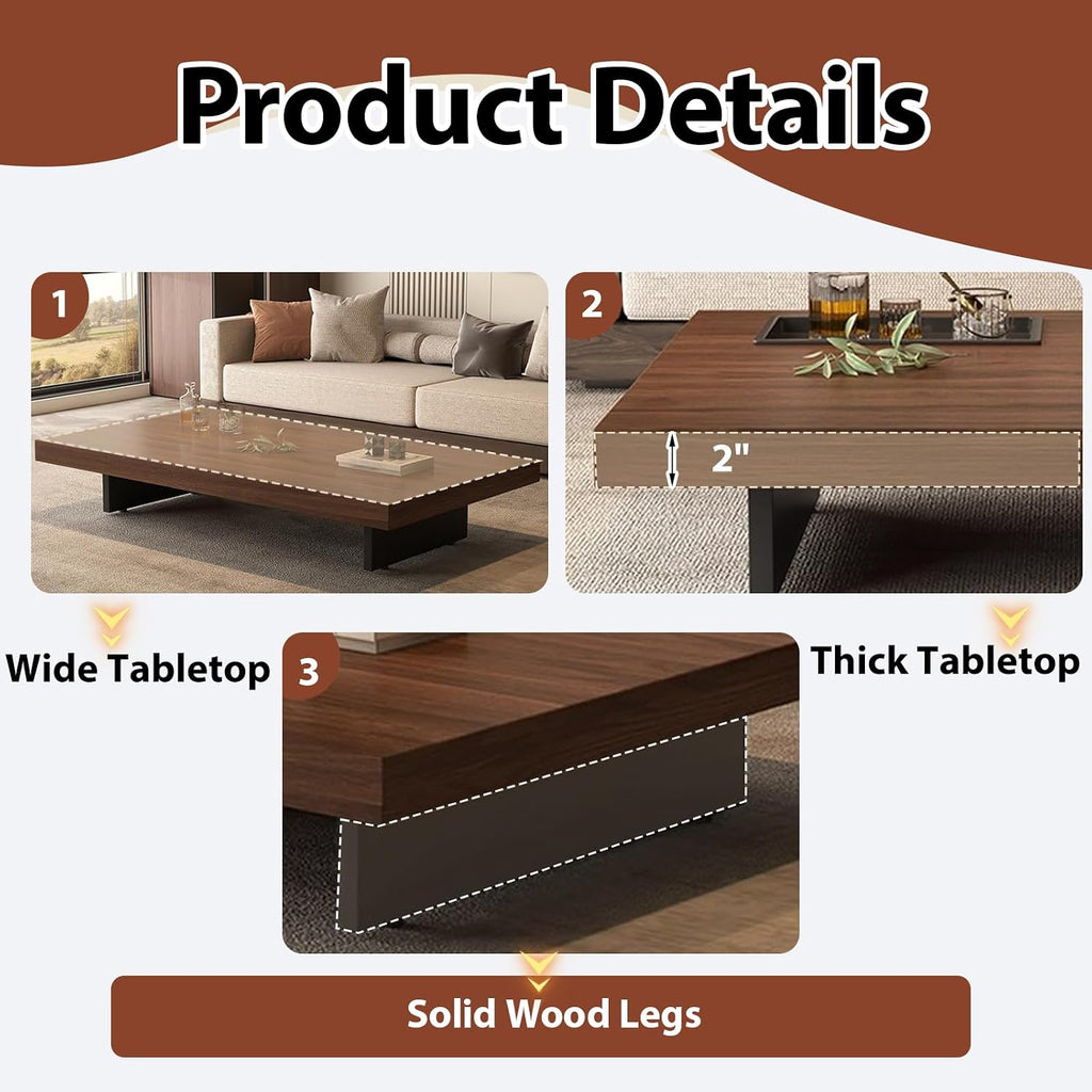 Coffee Table, Solid Wood Farmhouse Coffee Tables with Adjustable Foot Pads, Modern Large Square Center Tables for Living Room Black 31.5'x19.7'x 17.7'