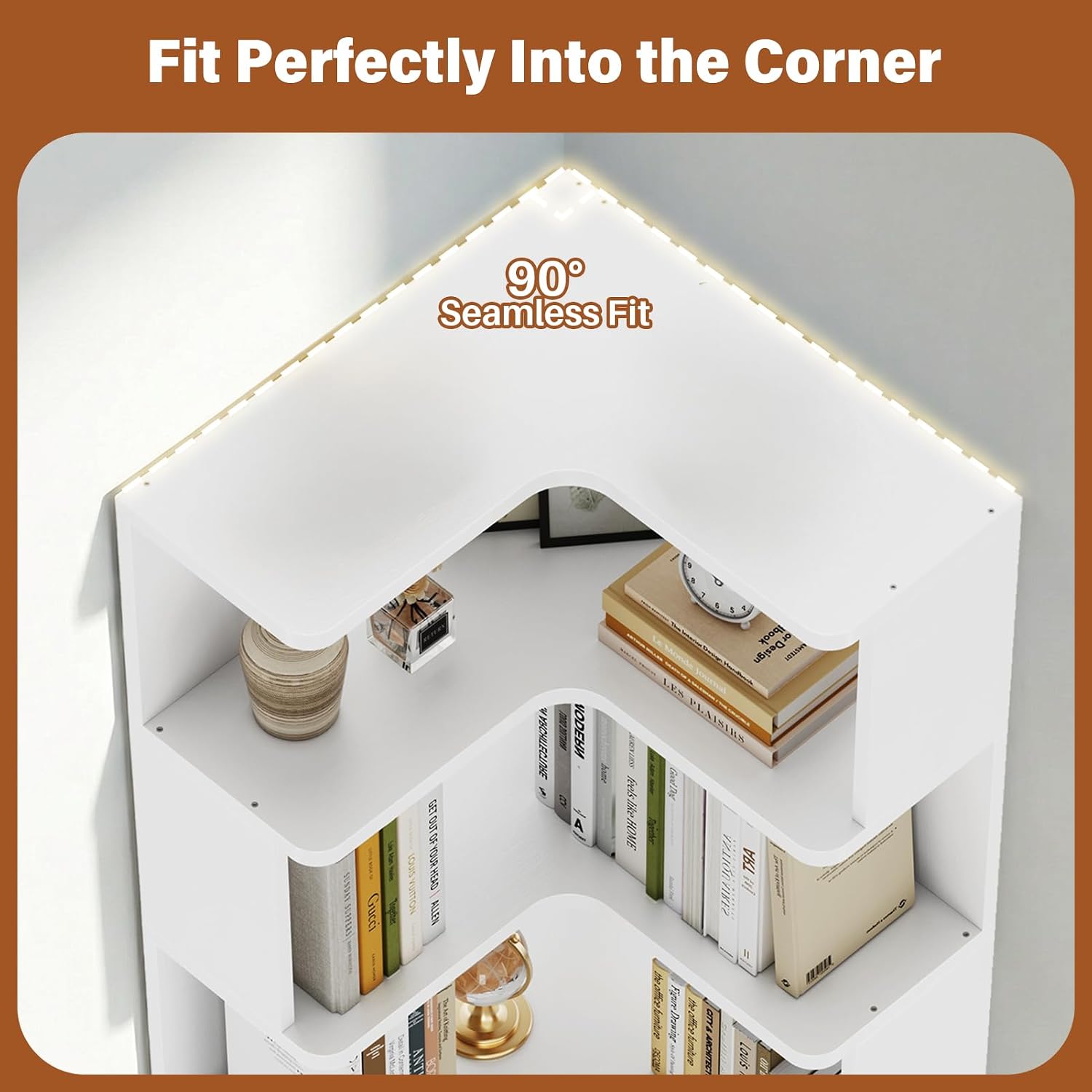 CozyDH Corner Book Shelf, 5 Tier Corner Bookshelf Etagere Bookcase with Baffle, Freestanding L Shaped Display Shelf Stand for Home Office, Living Room, Bedroom, Kitchen, White