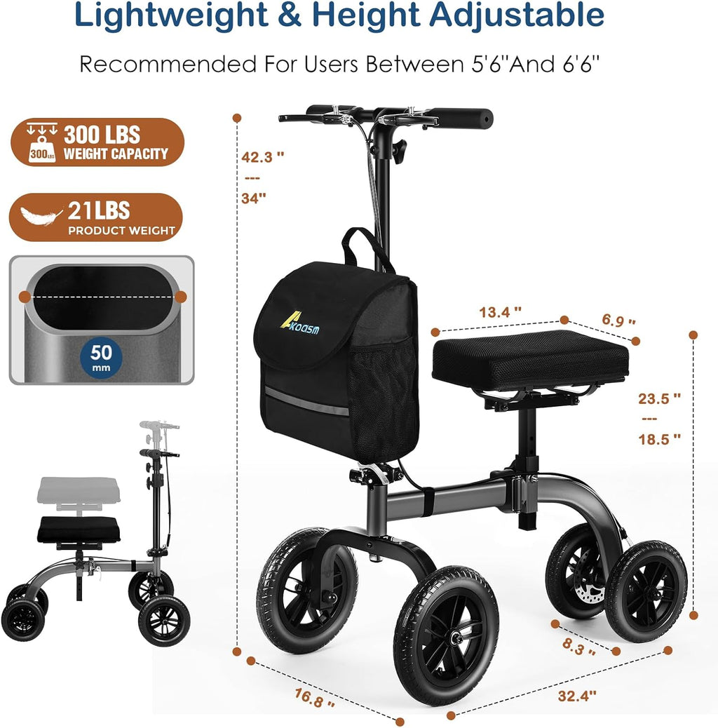 Foldable All Terrain Knee Scooter for Adults Foot Surgery Adjustable Height | 300lb Capacity, 21lb Lightweight, 10' Front & 8' Rear Wheel, Dual Brake, for Foot Injuries Compact Crutch Alternative, Grey