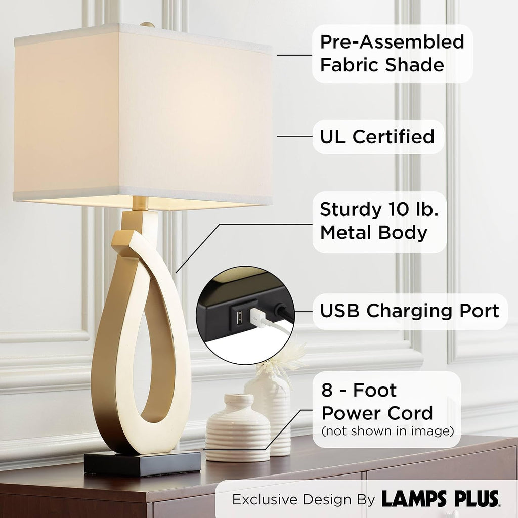 360 Lighting Simone 28' Tall Set of 2 Modern Table Lamps with USB Ports A+C Charging Sculptural Gold Metal White Rectangular Shade Decor Living Room Bedroom House Bedside Nightstand Home Office