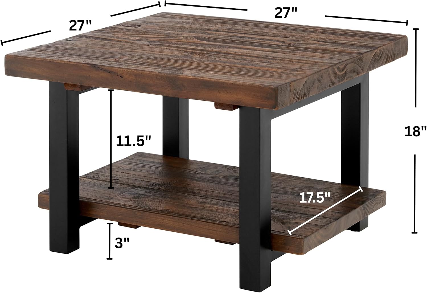 Pomona 27-Inch Square Solid Wood Coffee Table with Metal Legs – Modern Farmhouse Rustic Small Space Table by Alaterre Furniture (Rustic Brown)