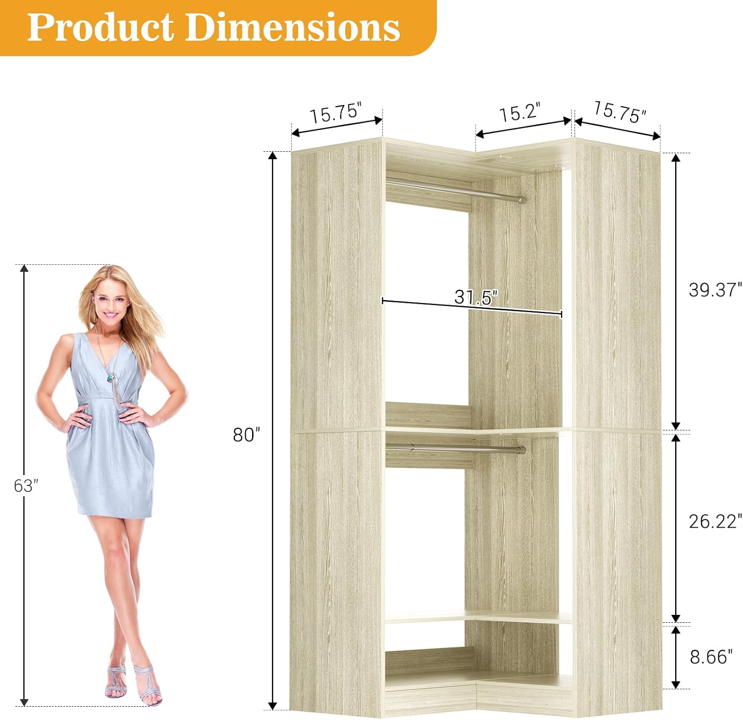 Homieasy Corner Closet System Modular with Upper & Lower Hanging Areas and Shoe Shelf, Corner Wardrobe Organizer Easy Assembly, Anti-Tip Design, Perfect for Bedroom or Walk-In Closet, White Oak