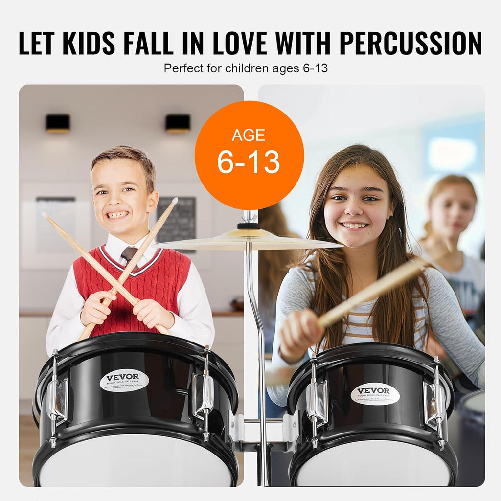 VEVOR Kids Drum Set, 5 Piece 16in Beginner Youth Full Drum Set with Bass Toms Snare Floor Drum Adjustable Throne Cymbal Hi-Hat Pedal and Two Pairs of Drumsticks, Starter Drum Kit for Child Kids, Black