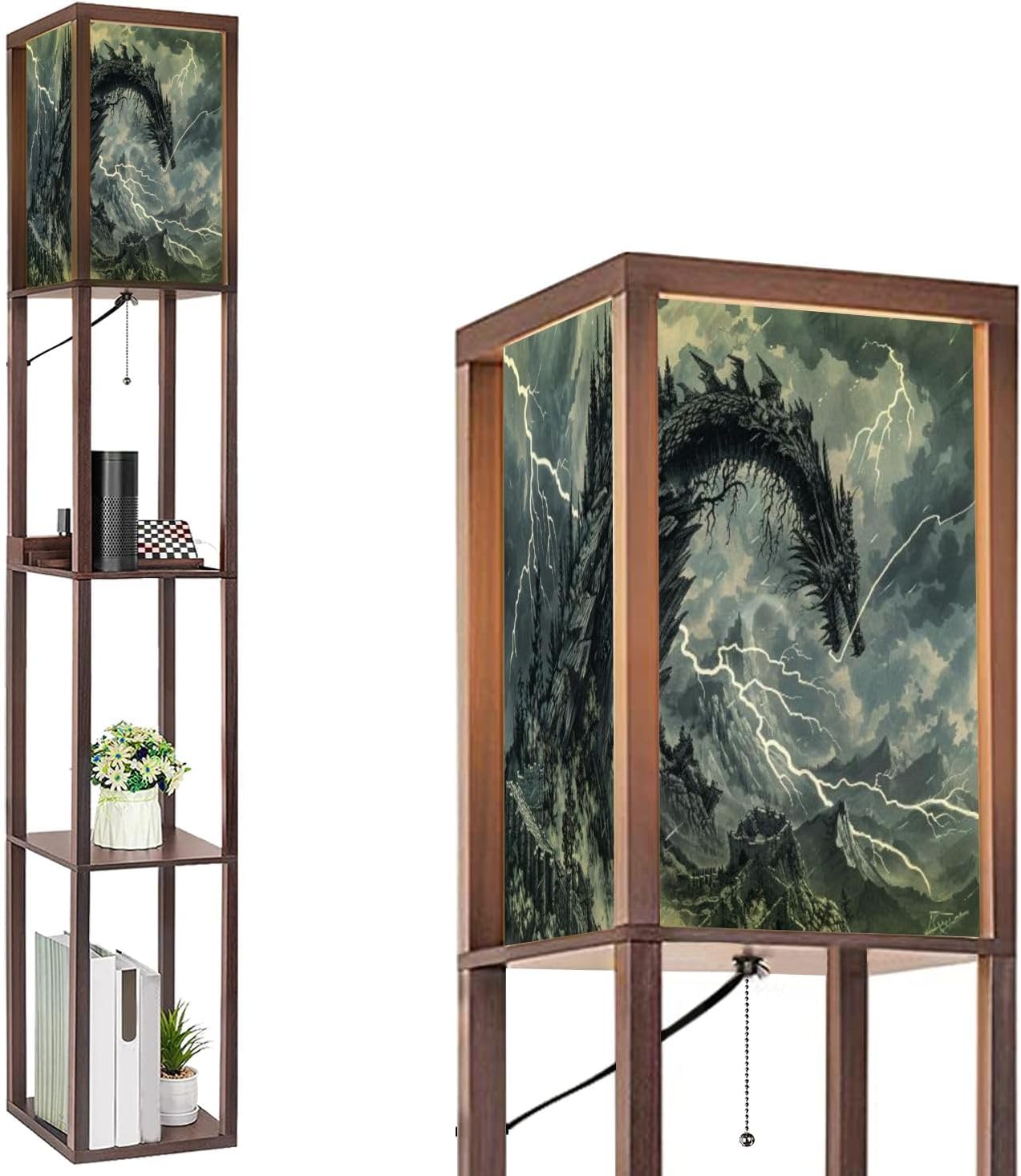 Floor Lamp with Shelves Dragon Shaped Crag Ruined Fortress Monochromatic Art Standing Tall Lamp USB Ports & Power Outlet Modern Corner Lamp Nightstand Light for Living Room Bedroom