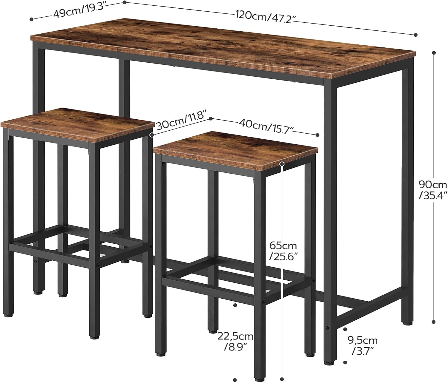 HOOBRO Bar Table and Chairs Set, 47.2' Rectangular Pub Table with 2 Stools for Small Space, High Top Table, 3-Piece Breakfast stools Set, Sturdy Metal Frame, Easy to Assemble, Rustic Brown BF52BT01