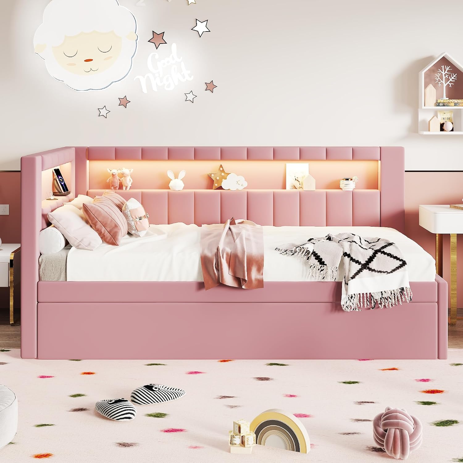 L-Shaped Upholstered Daybed with Trundle and USB Ports & LED,Day Bed with Storage Shelves Headboard,Sleeper Sofa Couch for Living Room-Twin Size,Pink