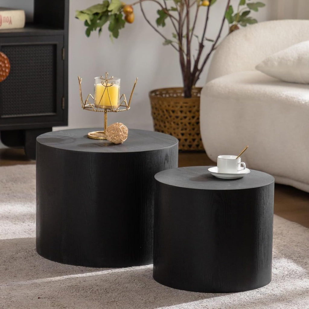 GDFStudio Round Nesting Coffee Table Set of 2, Modern Wooden Accent Side Table, Space Saving Small Circular Tea Coffee Tables and End Tables Sets for Living Room Small Space, No Assembly, Black