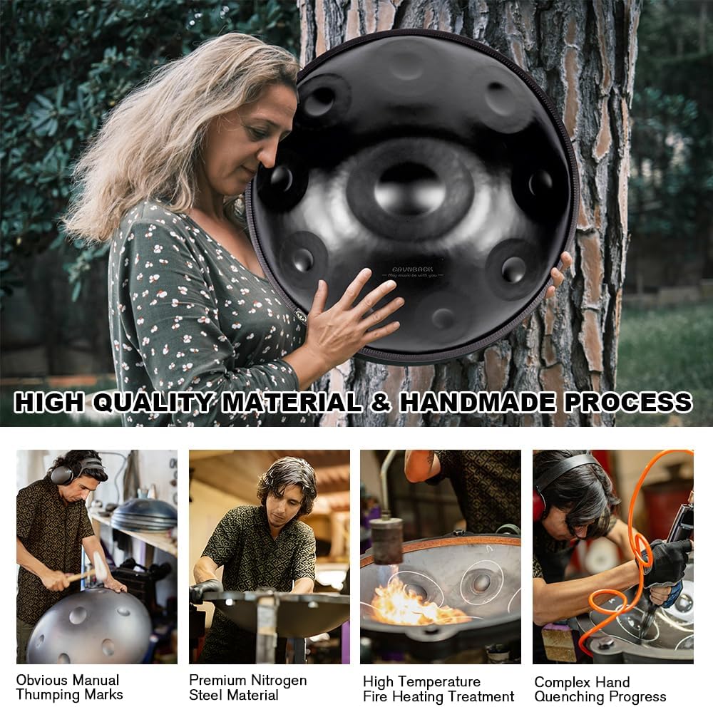 Eavnbaek Advanced Adult Handpan - 22-Inch 10-Note 440Hz D Minor Kurd Steel Drum with Soft Bag, Mallets, Stand and Dust-Free Cloth (Black)