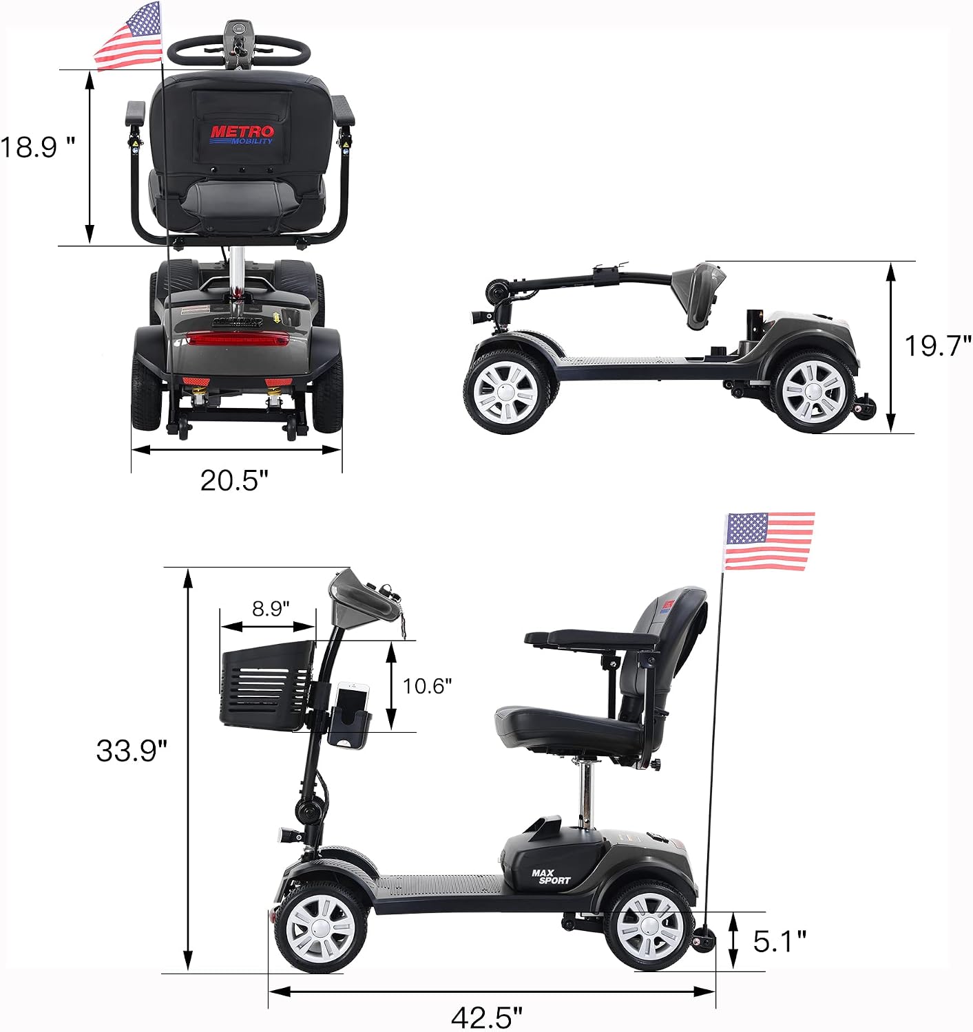Metro Mobility 4 Wheel Powered Mobility Scooters for Seniors - 300 lbs Capacity Electric Scooter with Seat for Adults, Travel - Long Range Power Extended Battery & Comfortable Larger Legroom - Grey