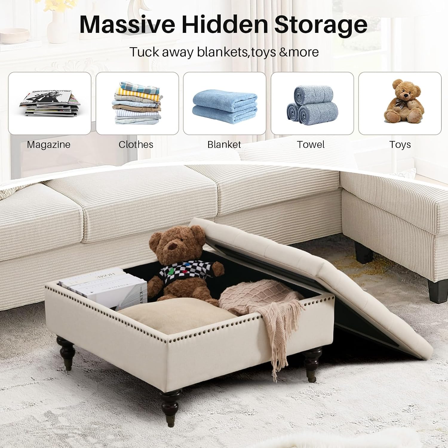 4-in-1 Square Storage Ottoman Bench with Rolling Wheels,Large Ottoman with Storage,Upholstered Coffee Table for Living Room/Bedroom,Beige
