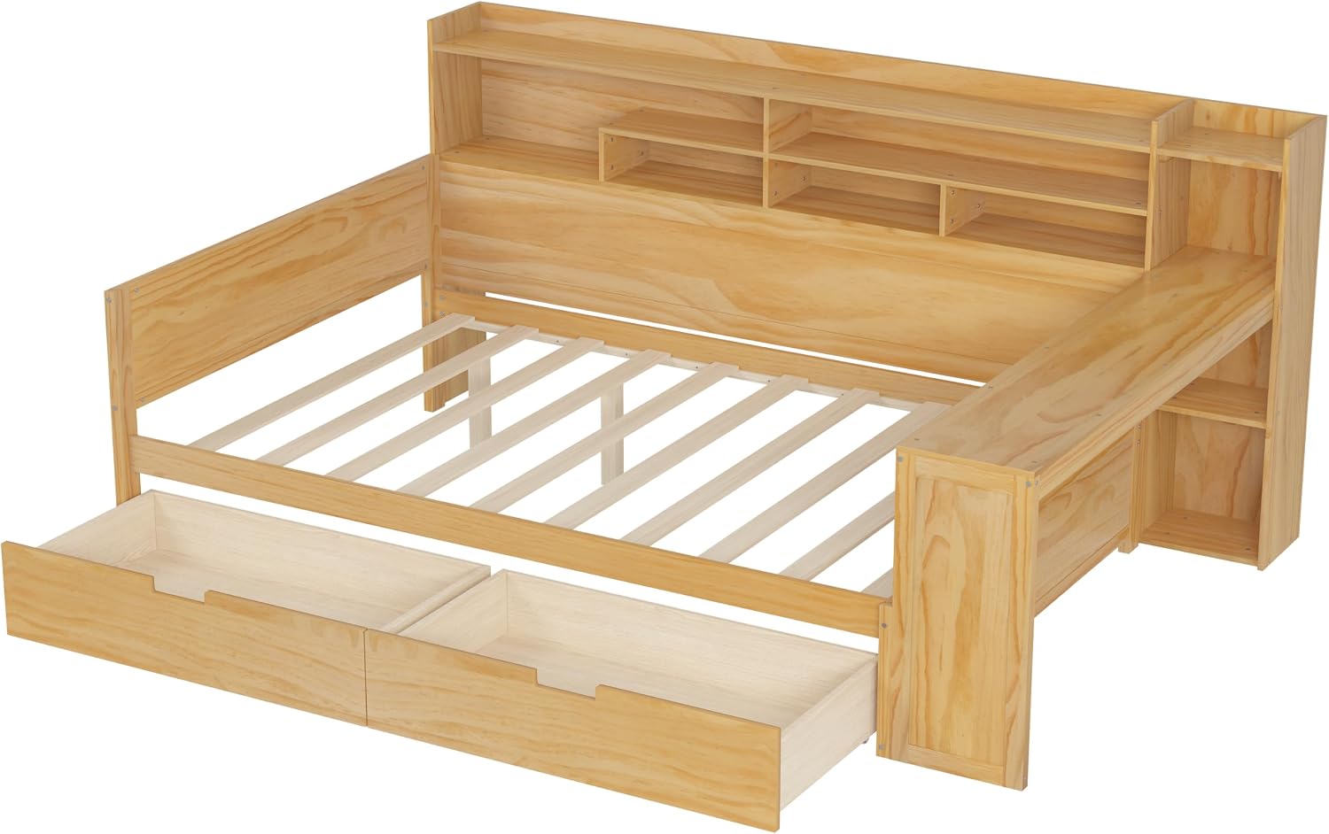 LUMISOL Full Size Daybed with Desk & Storage, Wooden Corner Bed Frame with Storage Drawers & Shelves for Living Room, Guest Room, No Box Spring Needed, Natural