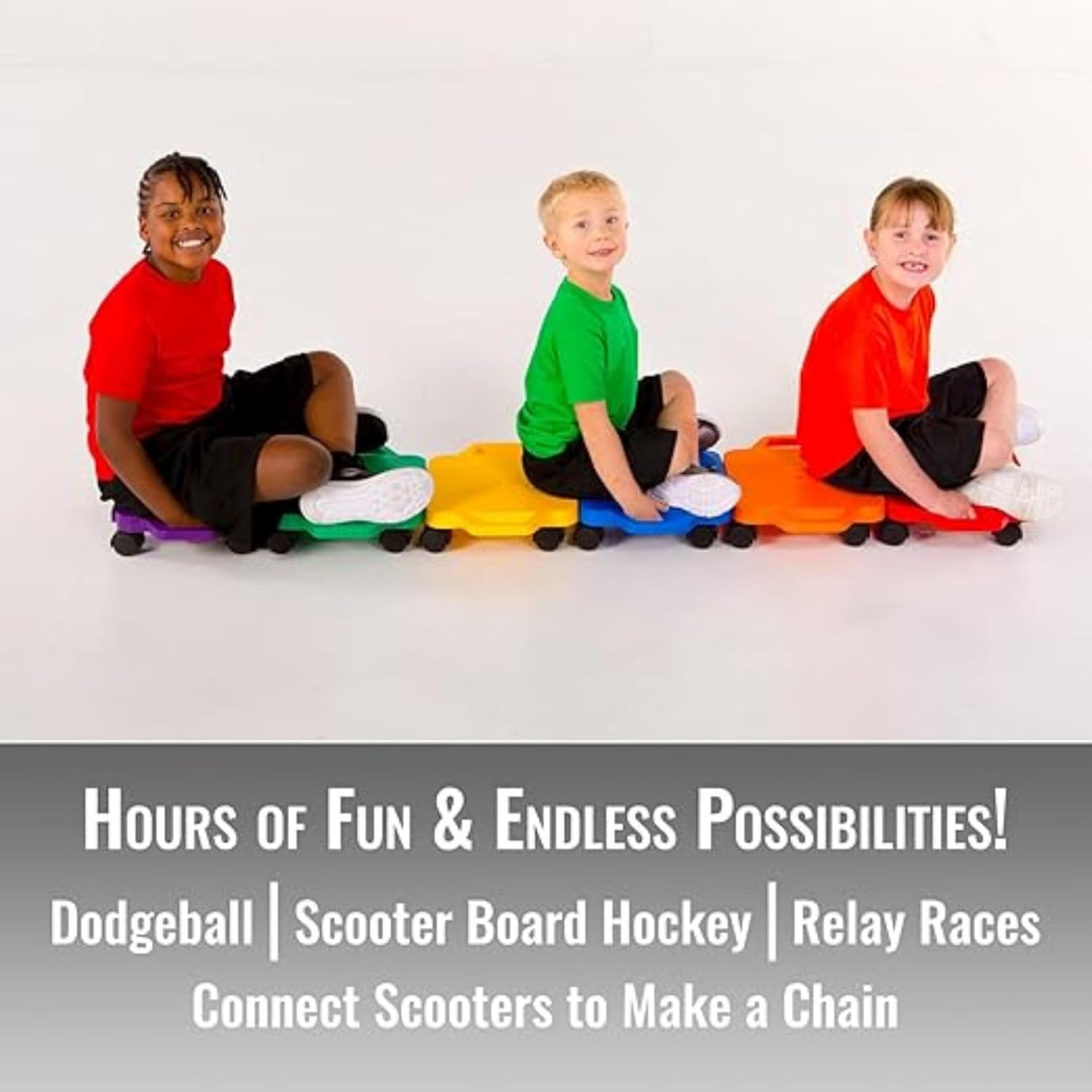 6 Count, Cosom Scooter Board Set, 12' Children's Sit & Scoot Board with 2' Non-Marring Nylon Casters & Safety Guards for Physical Education Class, Sliding Boards with Safety Handles, Assorted Colors