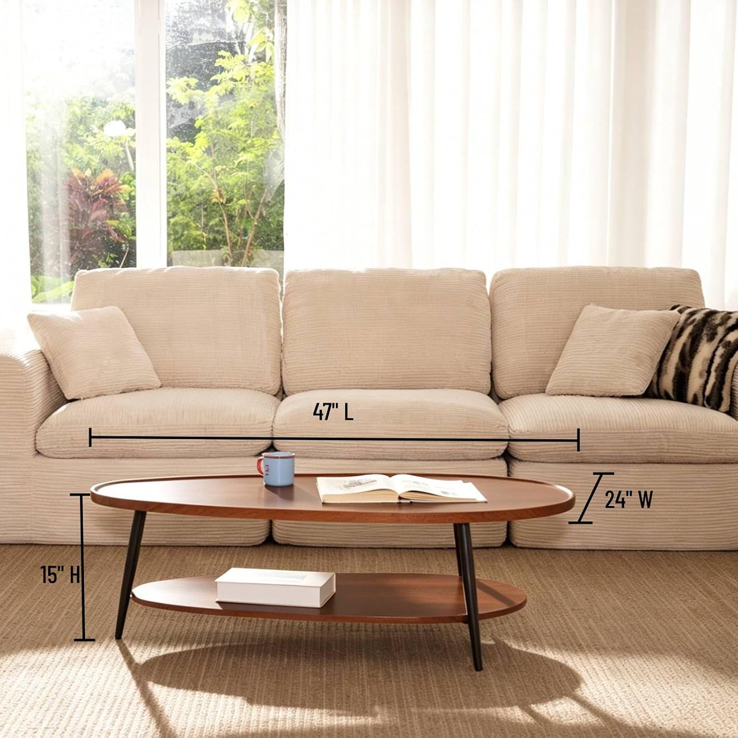AGV Oval Coffee Table with Storage Shelf, 47' Mid Century Modern Coffee Table for Living Room, Walnut Wood Finish MDF Top with Black Metal Legs