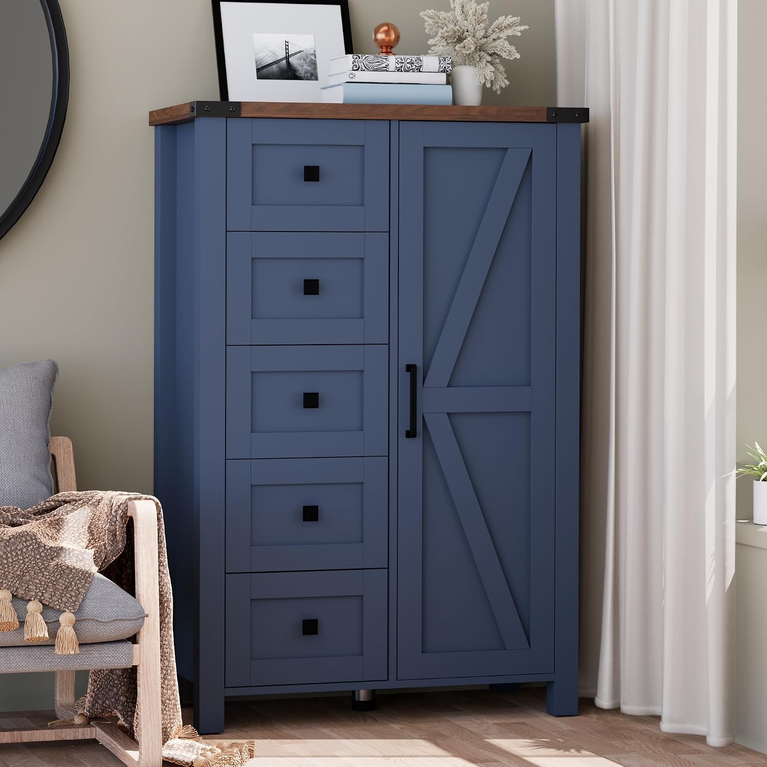 VVFLU Farmhouse Tall Dresser Chest of Drawer for Bedroom, 5 Drawer Storage Cabinet with Barn Door, 48 Inch Tall Wood Dresser, Adjustable Shelves, Rustic, for Living Room, Entryway, Hallway
