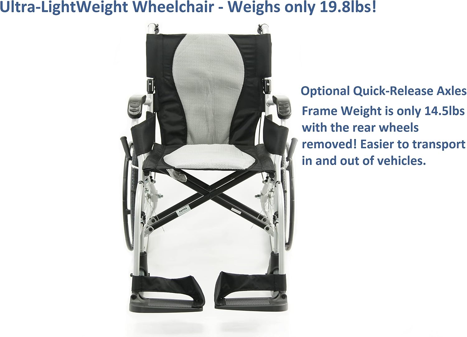 Karman Healthcare Ergonomic Wheelchair Ergo Flight with Quick Release Axles in 18' Seat, Frame, Pearl Silver, 1 Count (Pack of 1)