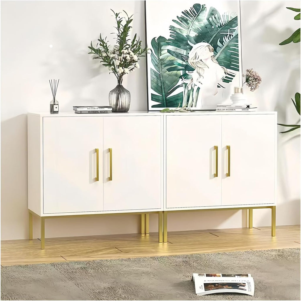 LYNSOM Storage Cabinet with Doors, Set of 2, Modern Buffet Cabinet with Storage, Kitchen Sideboard Buffet, White Wood Accent Cabinet for Living Room, Bedroom, Hallway, Entryway, Office, White