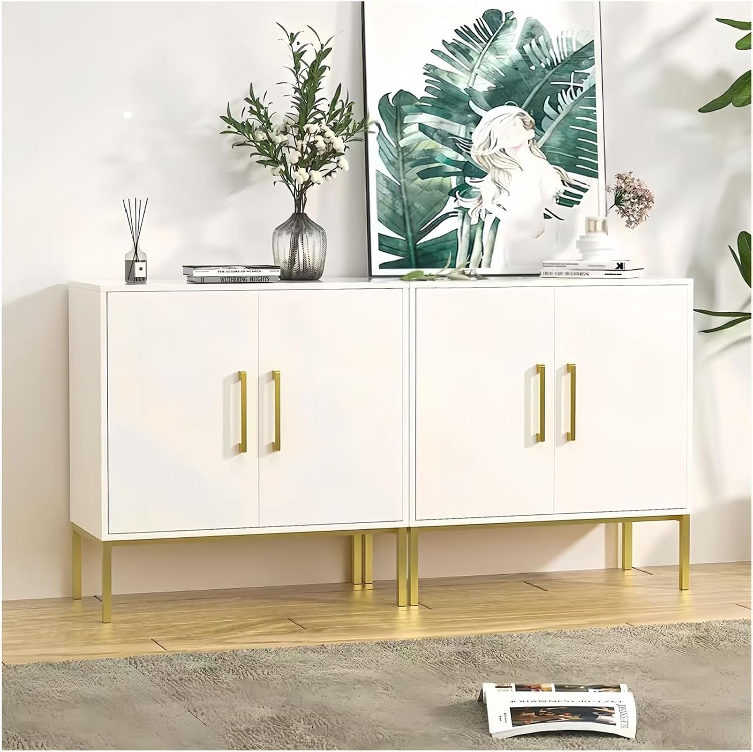 LYNSOM Storage Cabinet with Doors, Set of 2, Modern Buffet Cabinet with Storage, Kitchen Sideboard Buffet, White Wood Accent Cabinet for Living Room, Bedroom, Hallway, Entryway, Office, White