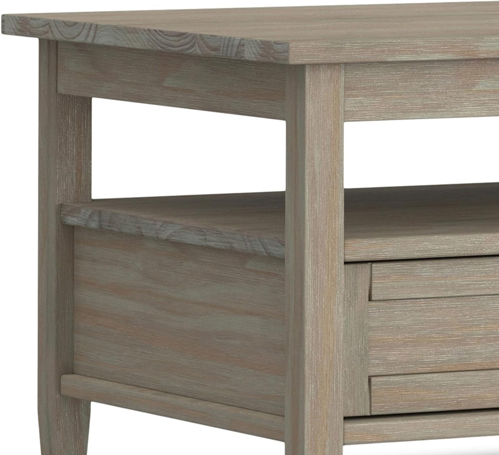 SIMPLIHOME Warm Shaker Coffee Table - 48 inch Wide Solid Wood Coffee Table in Distressed Grey, Transitional Living Room Table with 2 Drawers, Open Shelf, Shaker Fronts and Tapered Legs
