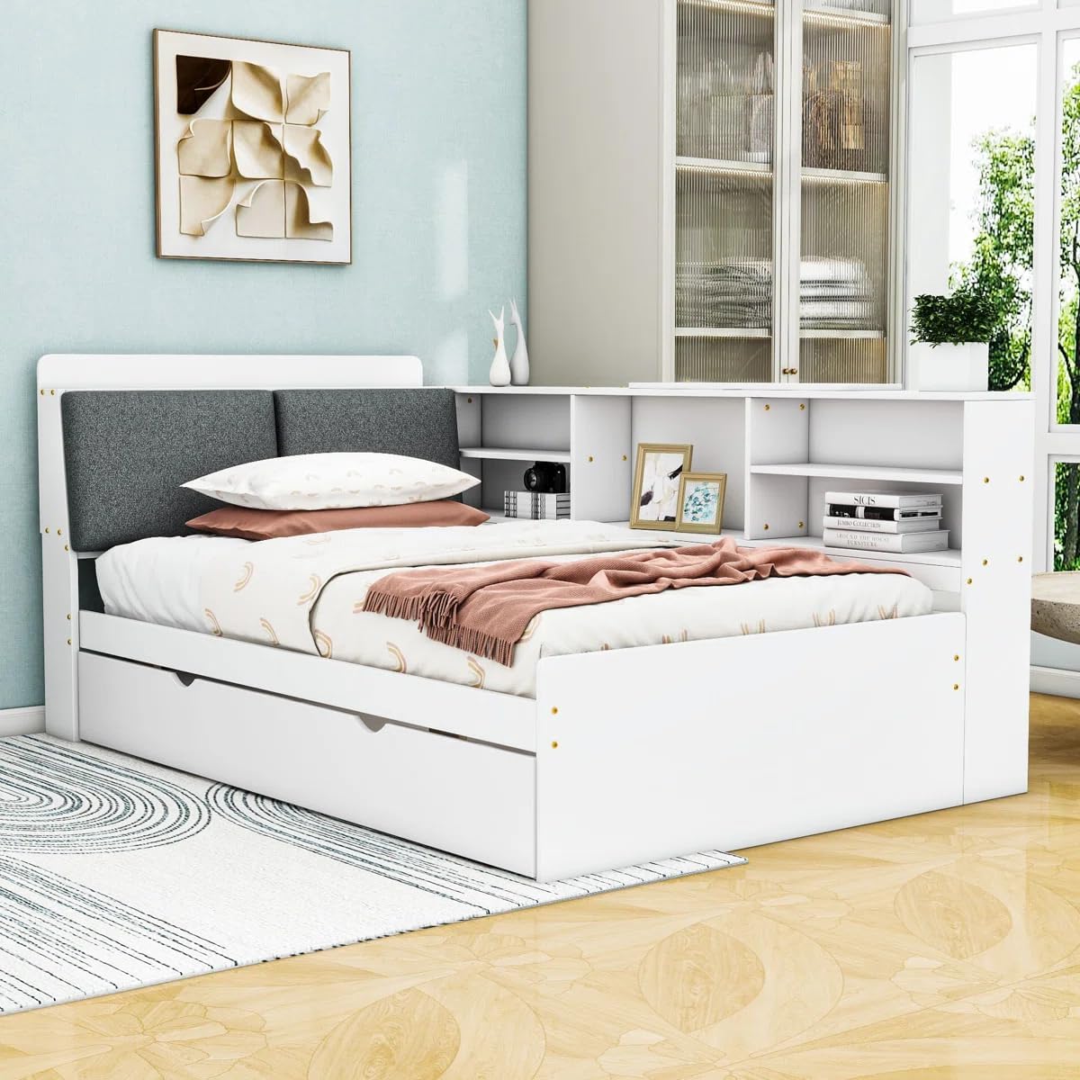 Full Size Bed with Storage Headboard, Full Daybed with Trundle and L-Shaped Shelves, Solid Wood Corner Platform Bed Frame with Storage for Apartment Bedroom, White