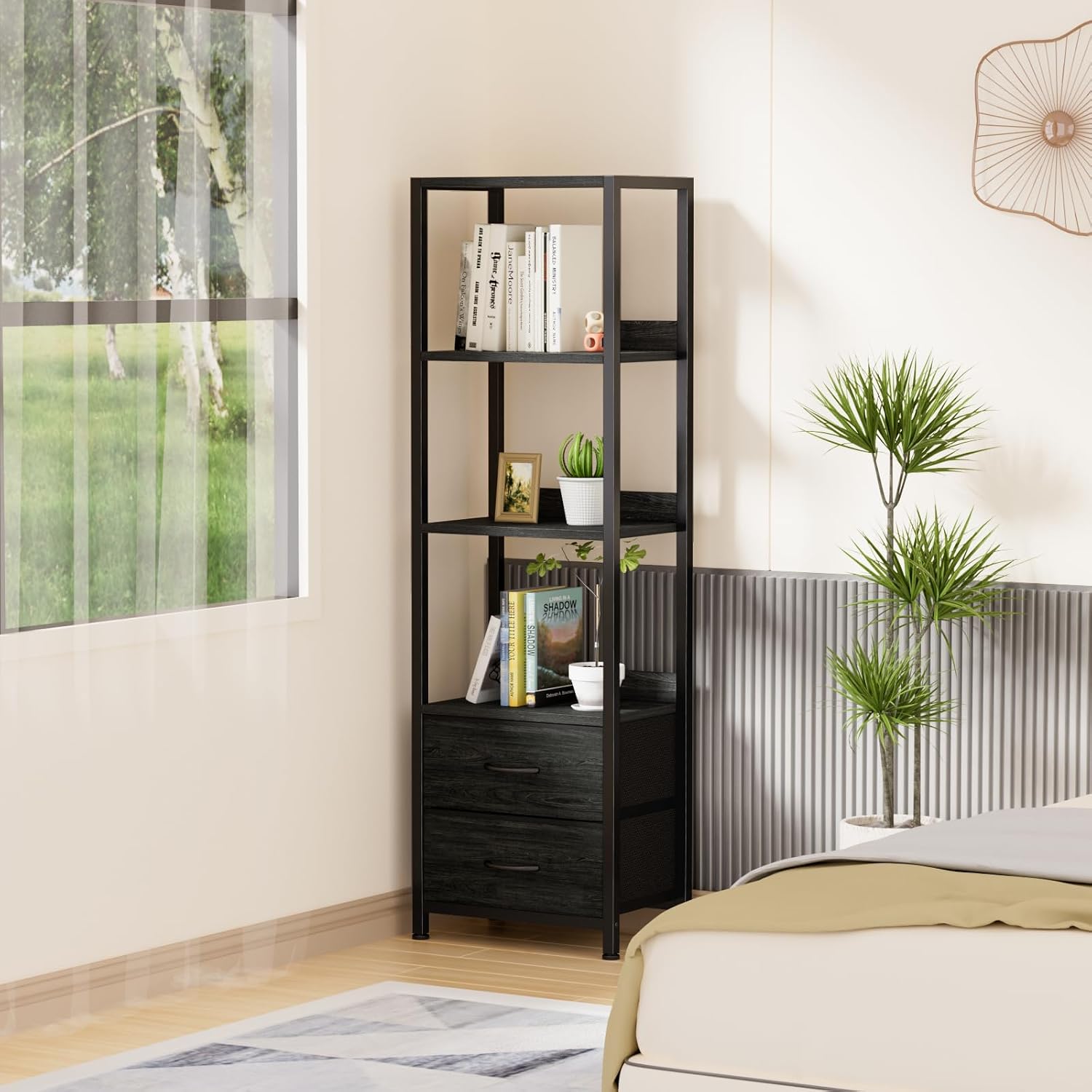 Furnulem Black Dresser with 5 Drawers, Vertical Storage Tower Fabric Dresser for Bedroom, 4-Tier Corner Shelf, Bookshelf with 2 Storage Drawers, 57.28'Tall Narrow Bookcase