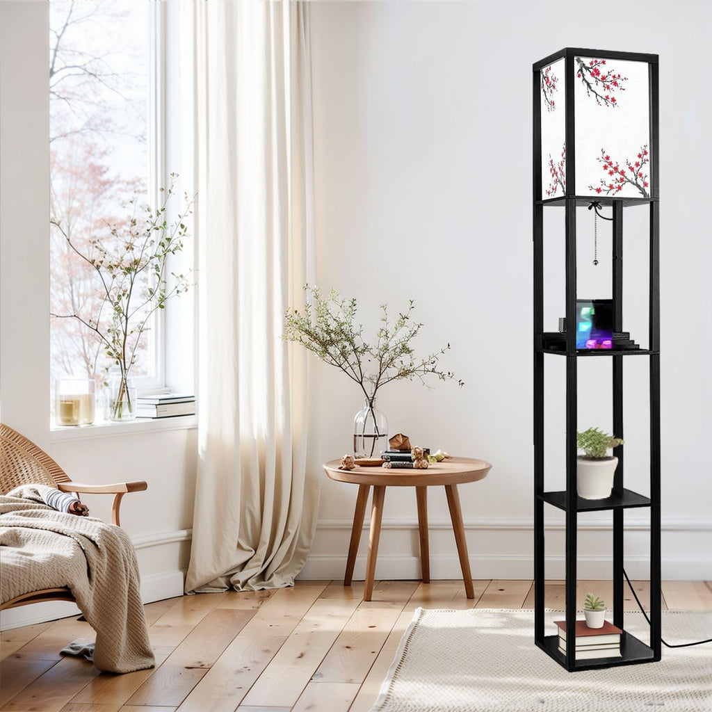 Floor Lamp with Shelves Oriental Cherry Tree Blossom n Rice Paper Standing Tall Lamp USB Ports & Power Outlet Modern Corner Lamp Nightstand Light for Living Room Bedroom