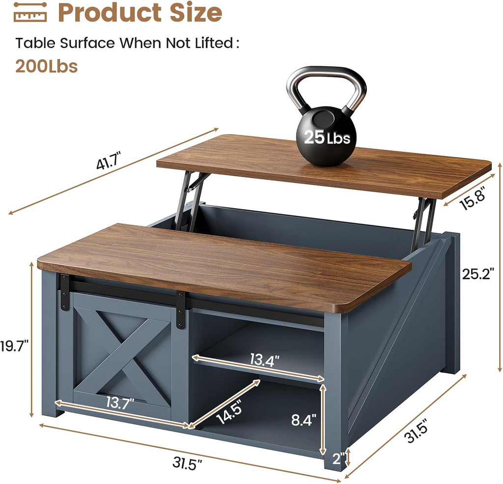 SEDETA 31.5' Lift Top Coffee Table with Storage, Square Coffee Tables for Living Room, Farmhouse Coffee Table with Large Hidden Storage Compartment and Adjustable Shelves, Blue