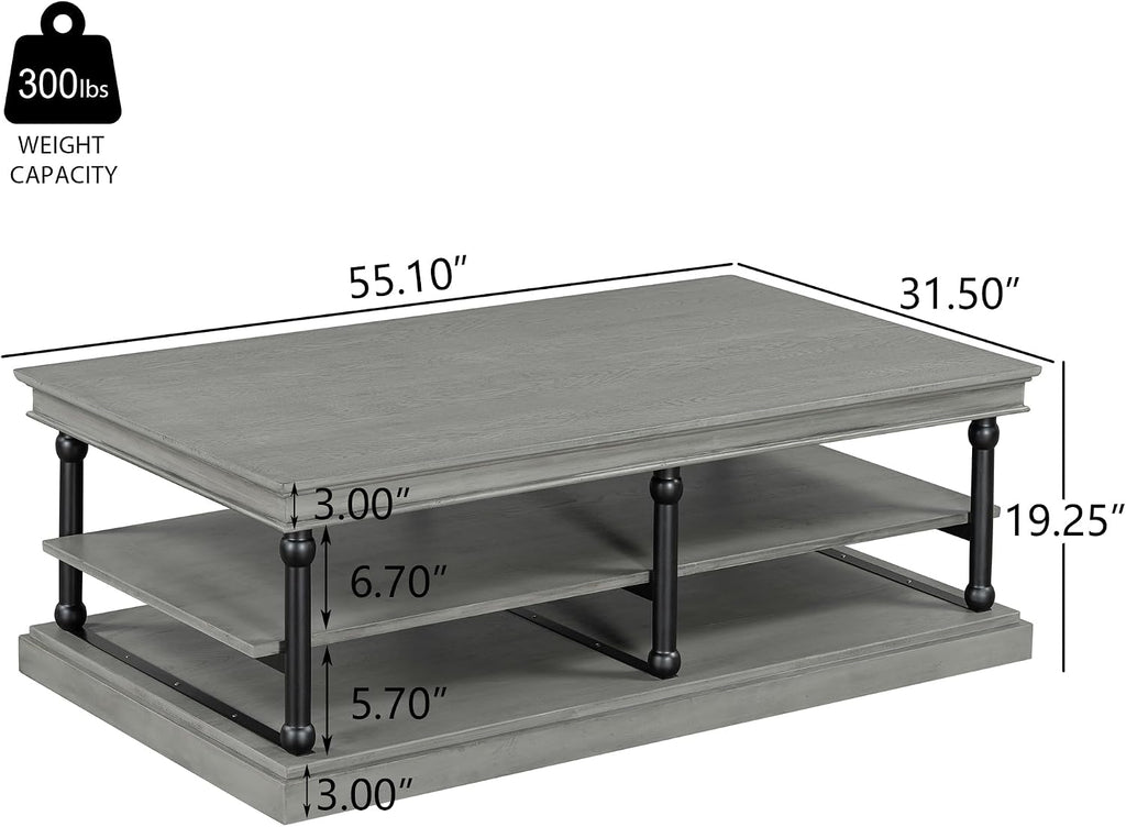 Christopher Knight Home Oner Living Room Coffee Table with Spacious 2-Tier Design, Modern Rubberwood Rectangular Side Table, Multifunctional Accent Table with Open Storage Shelves, Black + Gray