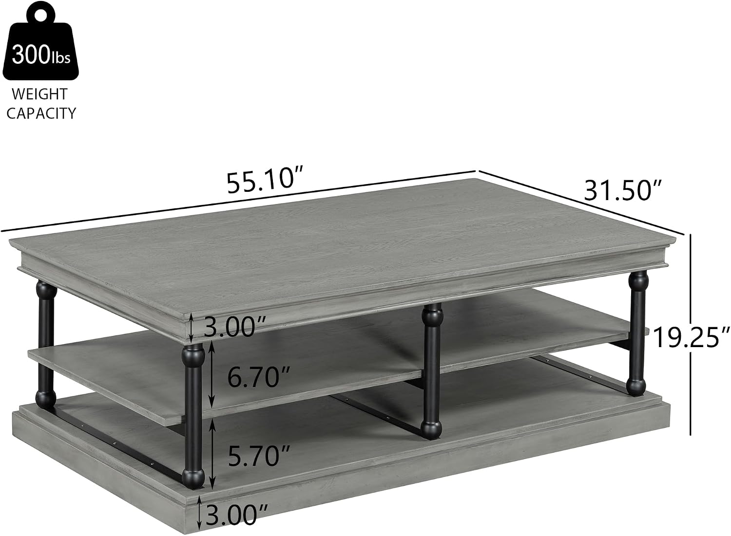 Christopher Knight Home Oner Living Room Coffee Table with Spacious 2-Tier Design, Modern Rubberwood Rectangular Side Table, Multifunctional Accent Table with Open Storage Shelves, Black + Gray