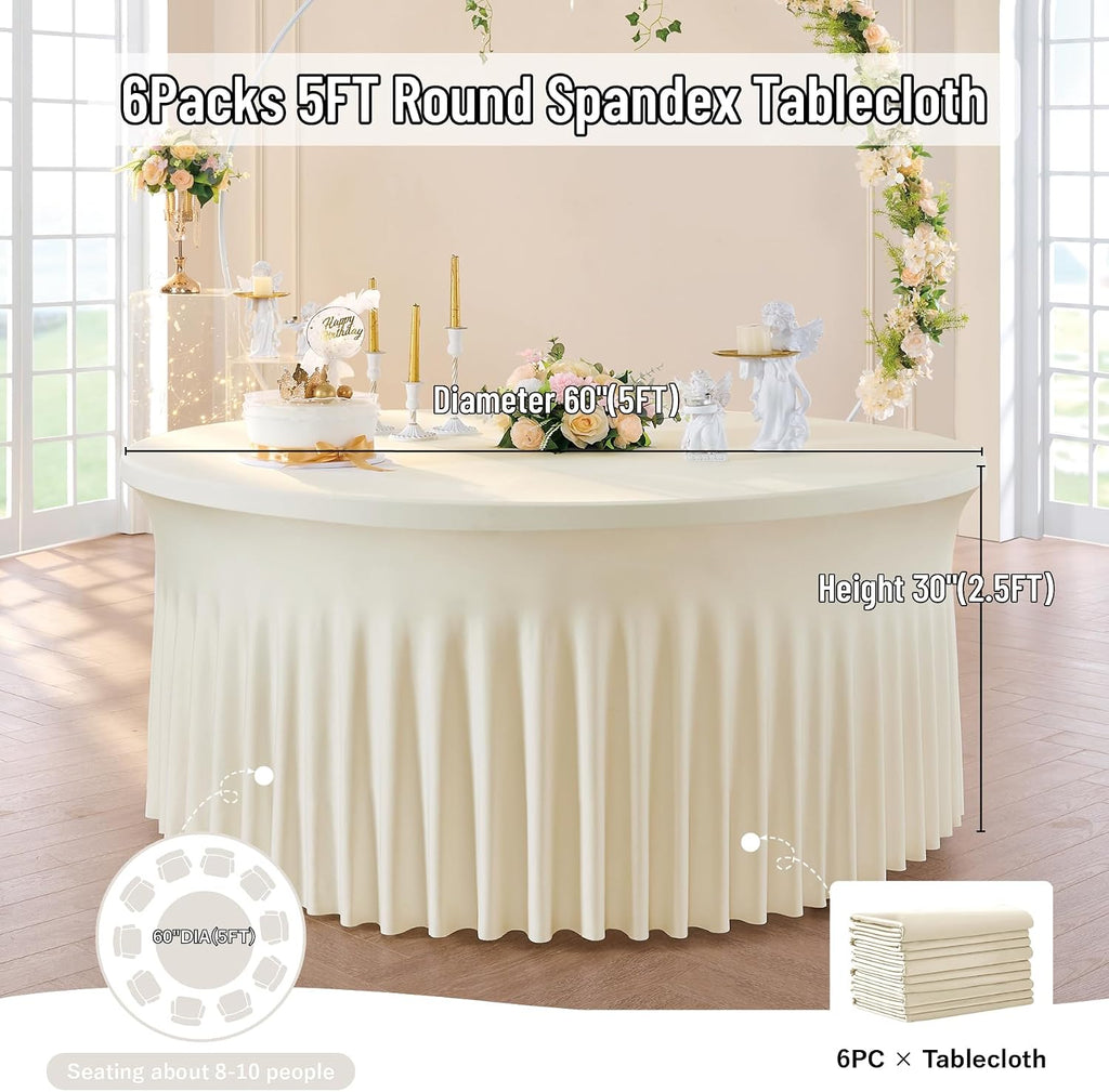 leegleri 6 Pack 60Inch Ivory Spandex Round Tablecloths, Stretchy 120inch Fitted 5FT Round Table Cloths, Wrinkle Free Table Cover with Skirt for Wedding Party Dining Banquet