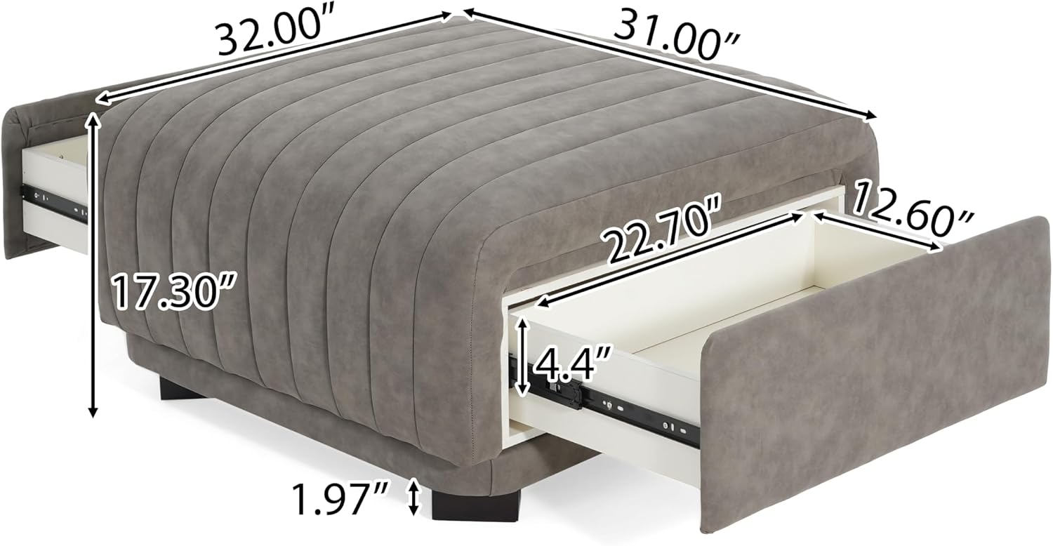 Christopher Knight Home Reyno Upholstered Ottoman with Storage for Living Room, Faux Leather Storage Ottoman Foot Rest with Side Drawers, Modern Square Coffee Table with Wooden Frame, Grey
