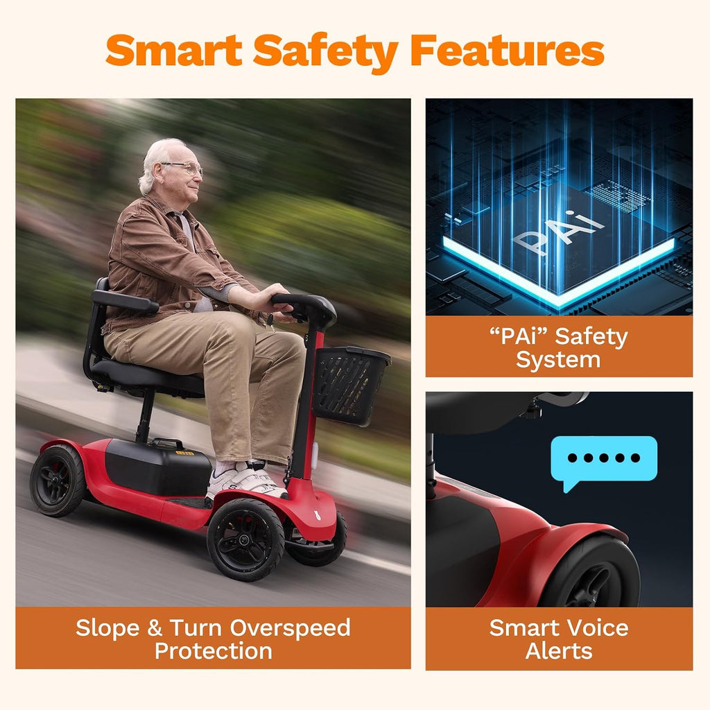 Glashow S1 Folding 4-Wheel Mobility Scooter for Seniors – 25-Mile Range, 6.2 mph, All-Terrain Electric Scooter with Adjustable Swivel Seat, 265 lb Capacity, Removable 24V 20Ah Battery – Red