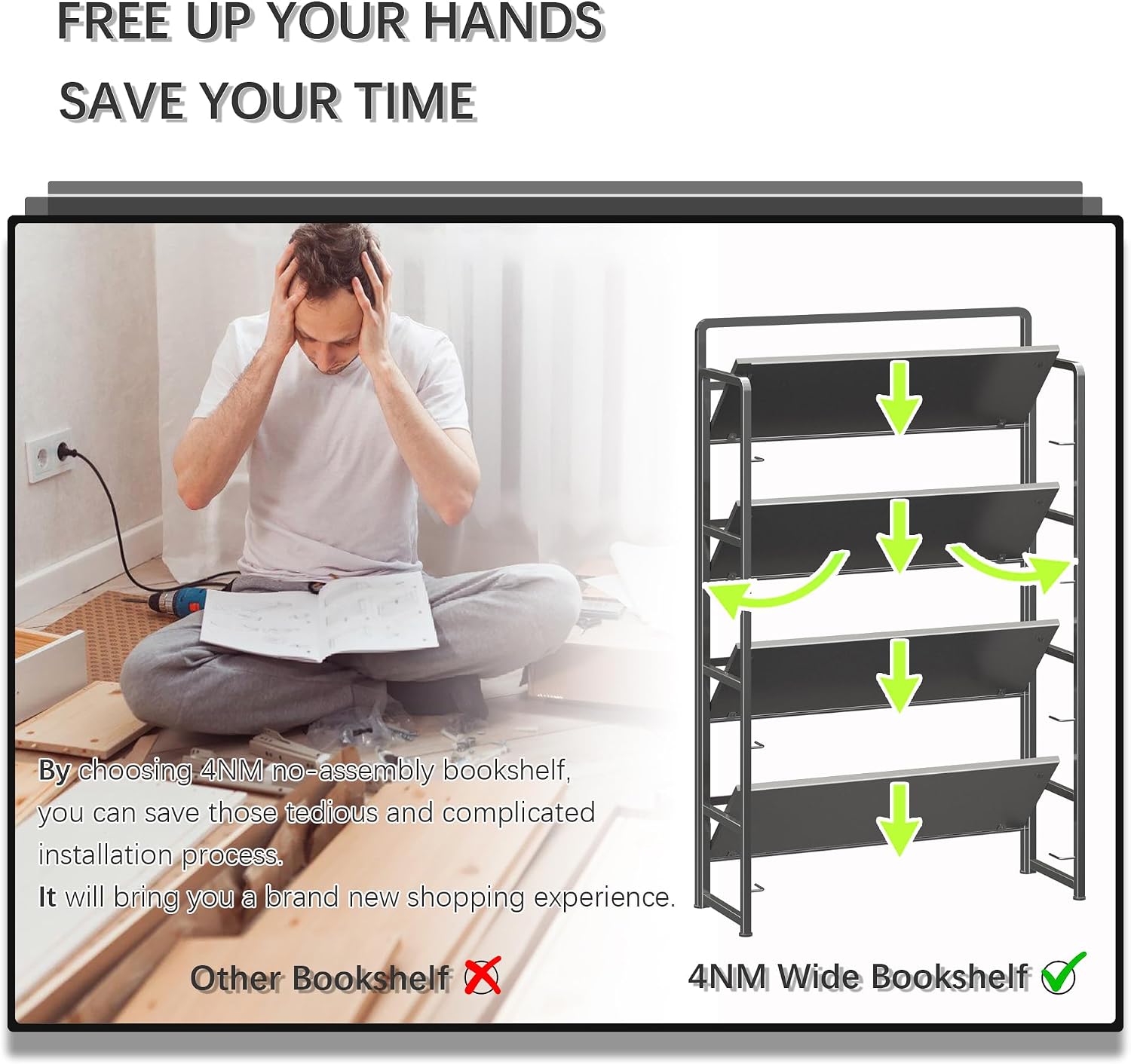 4NM No Assembly Extra Wide 4 Tiers Folding Bookshelf Storage Shelves Vintage Bookcase Standing Racks Study Organizer Home Office (All Black)