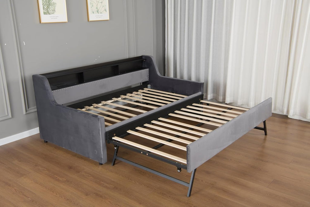 Twin Size Upholstered Daybed with Pop Up Trundle Bed, Storage Shelves, LED Light and Charging Station, Modern Velvet Corner Sofa Day Bed Frame for Bedroom, Living Room, Dark Grey