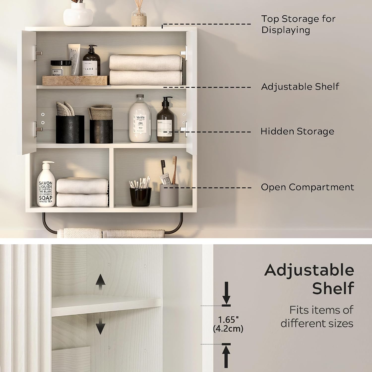 EYYTHUNG Fluted Wall Cabinet Set of 2, Wooden Bathroom Medicine Cabinet Storage with 2 Doors, Adjustable Shelf and Towels Bar, Modern Wall Mount Large Floating Cabinet for Kitchen White