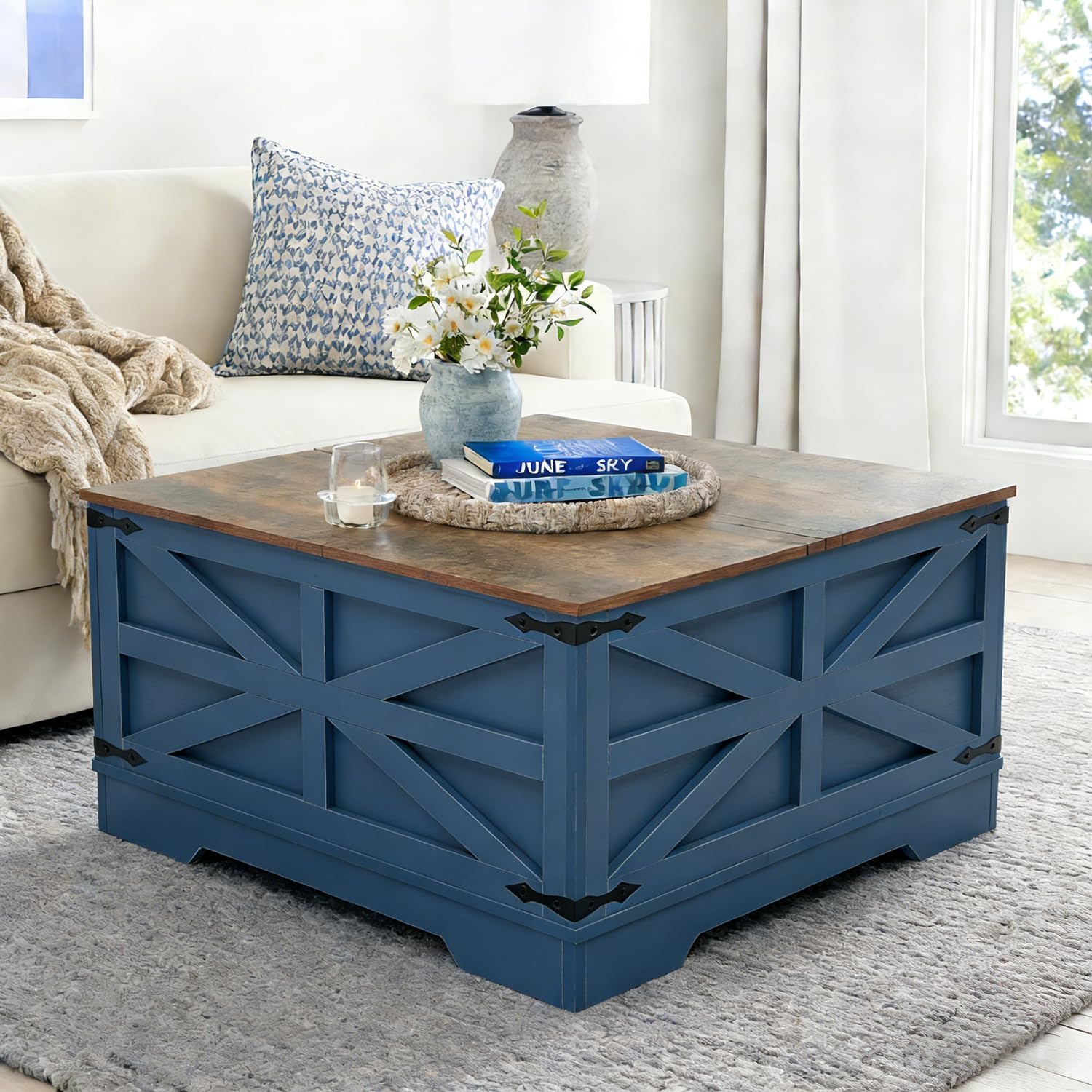 Lift Top Coffee Table, 31.5' Square Coffee Table with Storage, Farmhouse Coffee Tables for Living Room, Cocktail Tables with Large Hidden Compartment, Rustic Blue