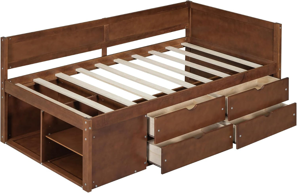 Twin Size Daybed with Storage Drawers and Shelves,Wooden L-Shaped Corner Day Bed with Headboard & Bookcase for Boys,Girls,Small Room, Guest Room, kids'Room,Walnut