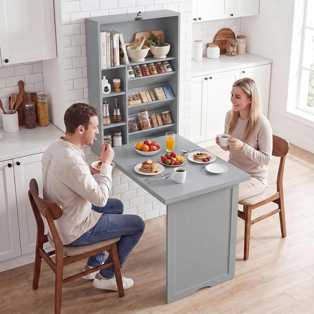 Tangkula Folding Wall Mounted Desk, Convertible Fold Out Floating Table with Storage Shelves, Space-Saving Drop Leaf Table, Murphy Desk for Craft, Study, Small Spaces, Home Office, Dorm, Grey