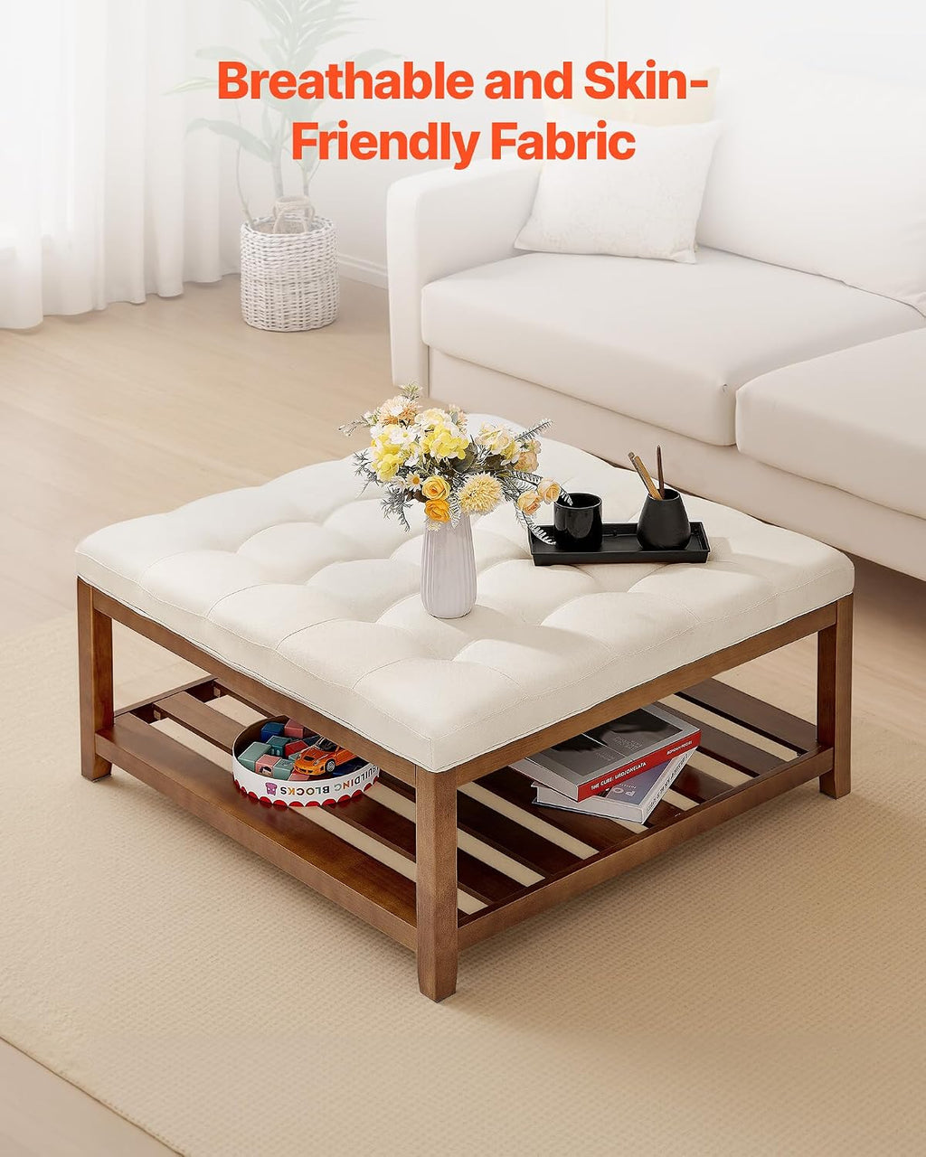 VEVOR Large Square Ottoman Coffee Table, 34.5 Inch Tufted Coffee Table with Solid Wood Shelf Storage, Linen Solid Upholstered Footrest Ottoman for Bedroom Living Room, 400 LBS, Off-White