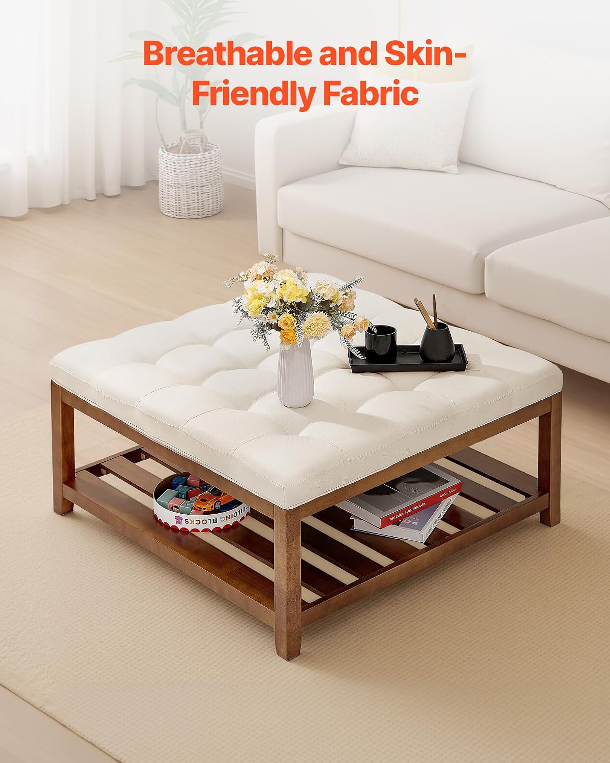 VEVOR Large Square Ottoman Coffee Table, 34.5 Inch Tufted Coffee Table with Solid Wood Shelf Storage, Linen Solid Upholstered Footrest Ottoman for Bedroom Living Room, 400 LBS, Off-White