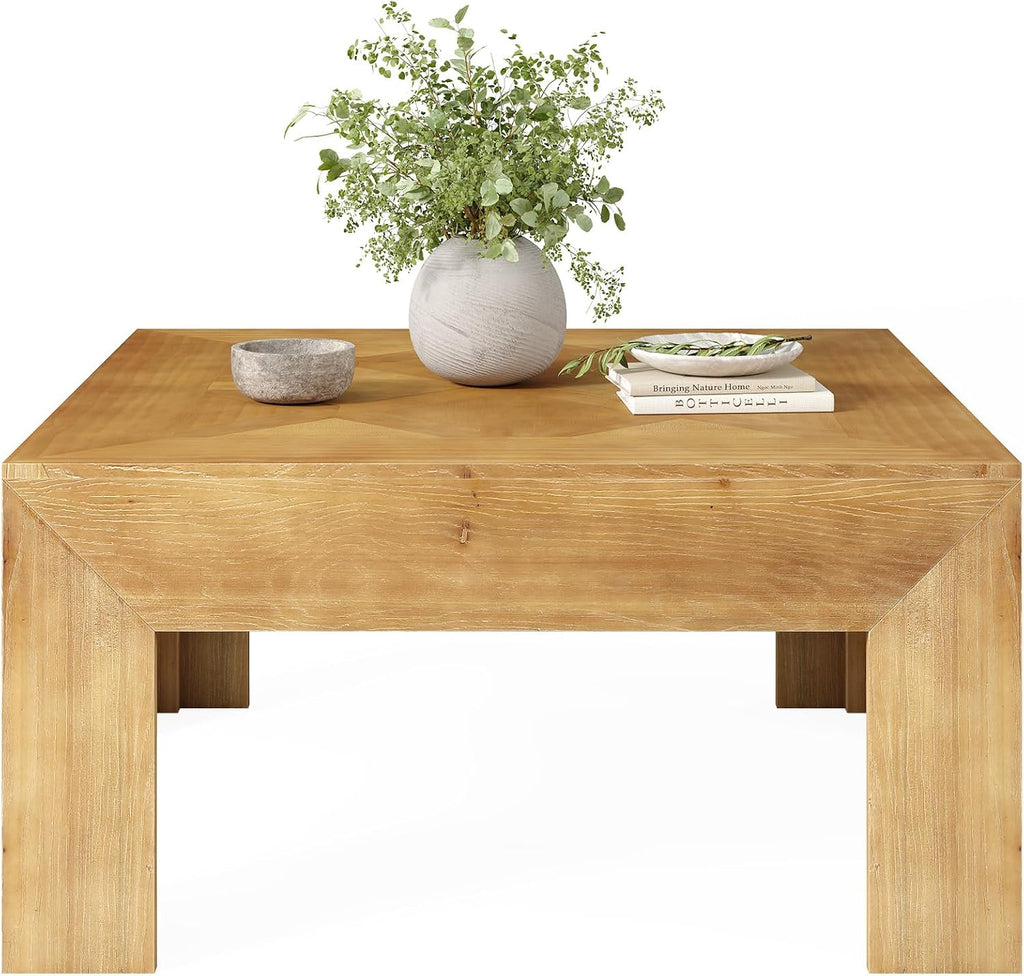 LITTLE TREE 39.4' Solid Wood Coffee Table, Square Coffee Table with Intricate Inlaid Top & Sturdy Legs, Rustic Center Tables for Living Room, Easy Assembly, Brown, 39.4' L x 39.4' W x 19.7' H