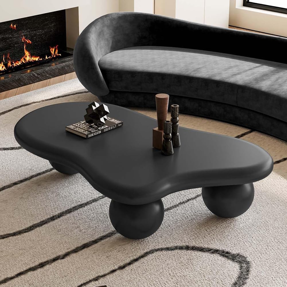 47' Cloud Coffee Table for Living Room Irregular Coffee Table Modern Low Coffee Tables Abstract Faux Stone Cute Center Table with 3 Ball Legs for Small Space Apartment Black