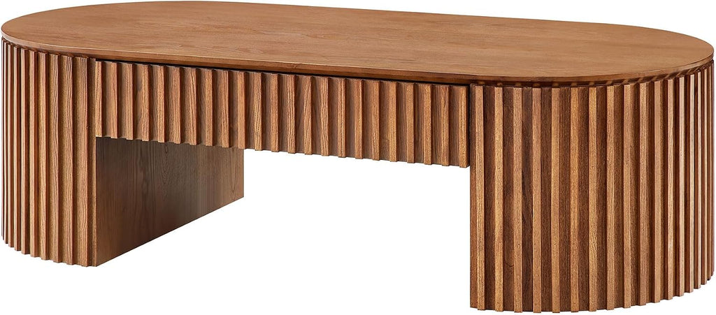 JUSTONE 51.18'' Brown Oval Wood Coffee Table with Drawer, Farmhouse Wood Coffee Table for Living Room,Apartment(Brown)