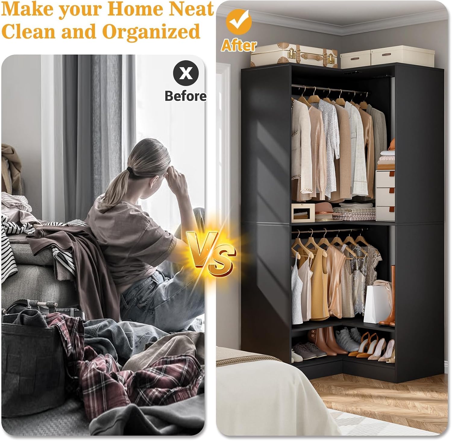 Homieasy Corner Closet System Modular with Upper & Lower Hanging Areas and Shoe Shelf, Corner Wardrobe Organizer, Easy Assembly, Anti-Tip Design, Perfect for Bedroom or Walk-In Closet, Black1