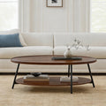 AGV Oval Coffee Table with Shelf Storage, 2-Tier Walnut Wood Finish Center Table for Living Room, Modern Asymmetrical Metal Legs, Raised Edge Sofa Table