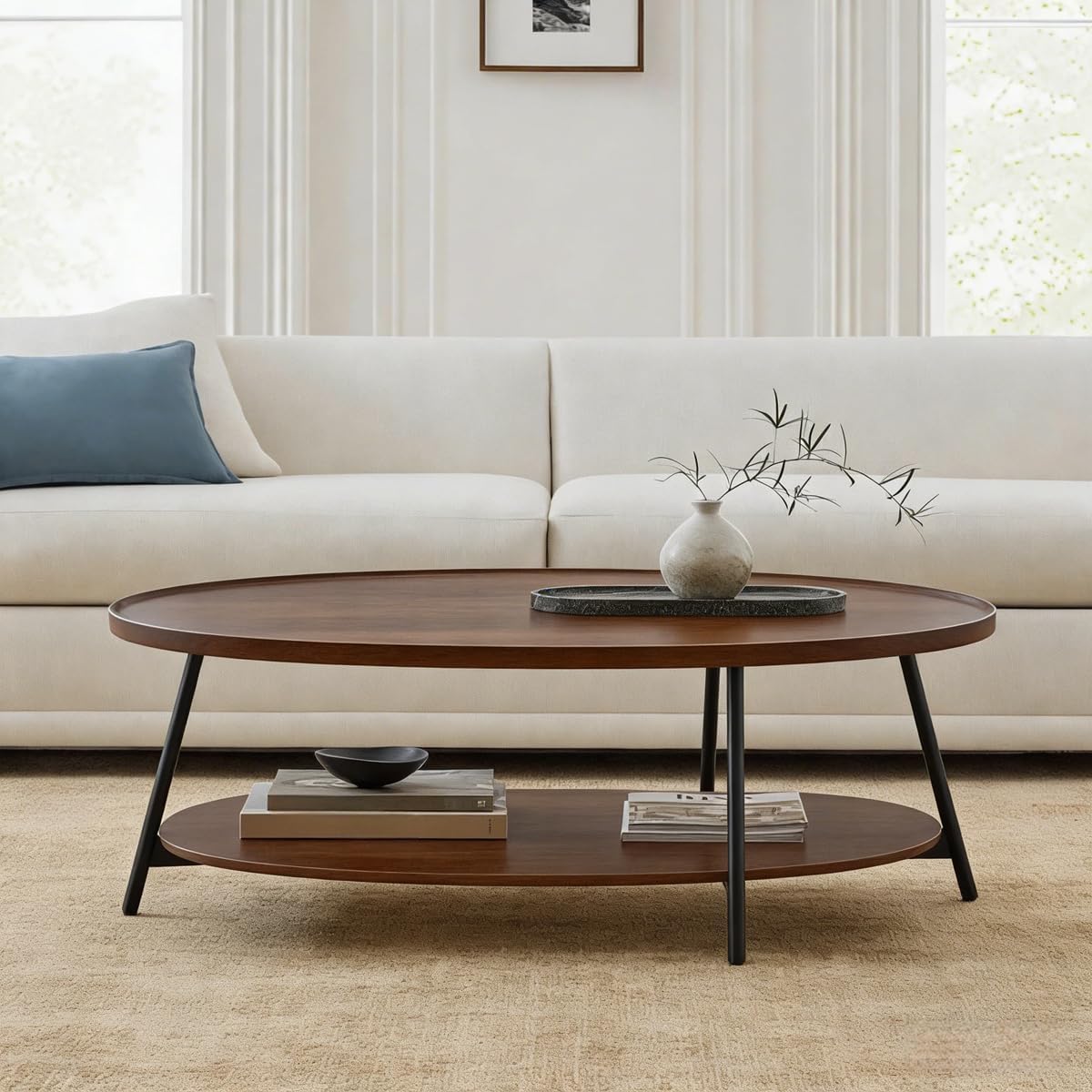 AGV Oval Coffee Table with Shelf Storage, 2-Tier Walnut Wood Finish Center Table for Living Room, Modern Asymmetrical Metal Legs, Raised Edge Sofa Table