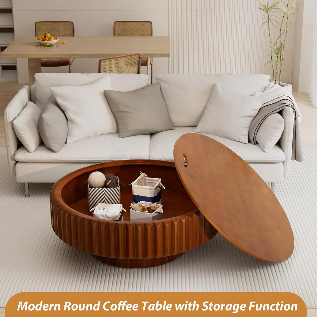 Drum Coffee Table with Hidden Storage, Modern Round Coffee Table for Living Room Circle Center Table with Solid Wood Fluted Veneered, Accent Tea Table for Small Space Apartment (Walnut 31.5 inch)