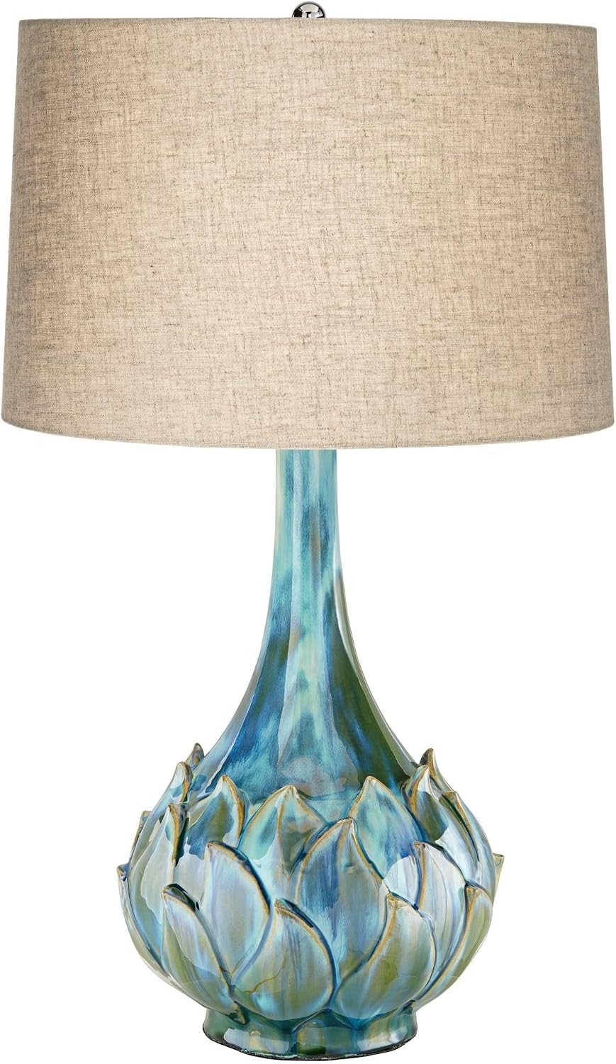 Possini Euro Design Kenya Modern Tropical 3-Way Table Lamp with Dimmer 29 1/2' Tall Blue Green Glaze Ceramic Beige Linen Drum Shade for Bedroom Living Room House Home Bedside Nightstand Office
